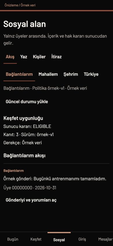Gerçek Sosyal alan ekranı: Bağlantılarım akışı ve Mahallem, Şehrim, Türkiye kapsam seçimleri
